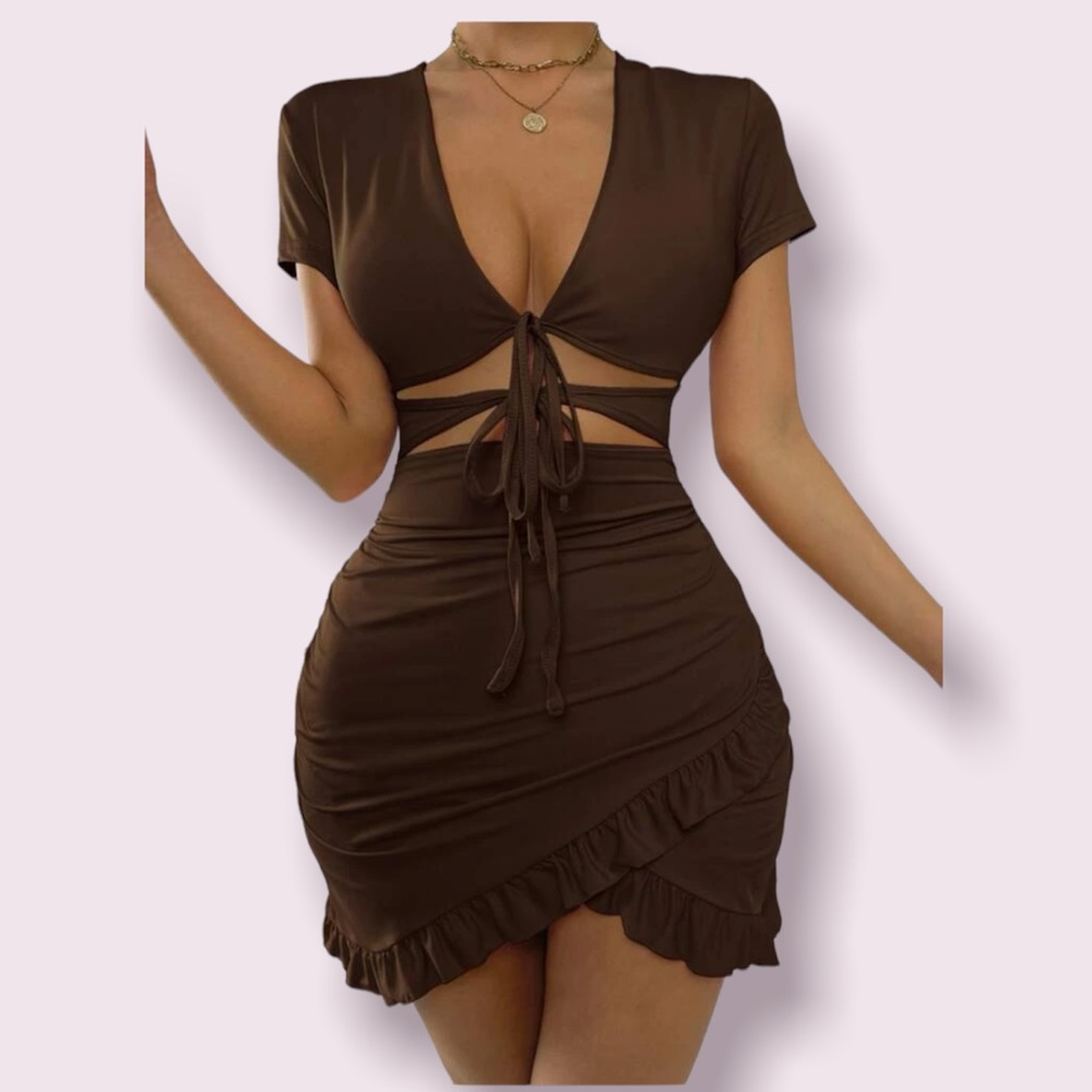 Brown Ruffle Tie Dress NWOT